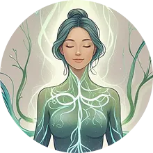 Imagen orgánica que representa una mujer meditando en el Circulo de mujeres y Micelio